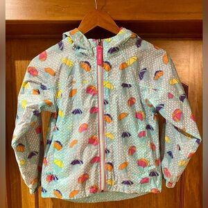 L.L. Bean Light Blue Rain Jacket with Colorful Umbrellas